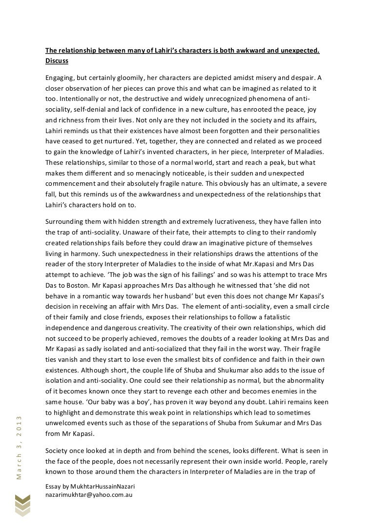 interpreter of maladies relationships essays